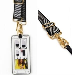Black & Silver Chevron Crossbody Phone Lanyard Or Bag Strap Gold Hardware - New